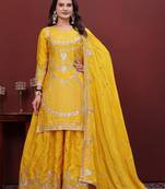 Yellow sequins embroidered chinon stitched salwar kameez
