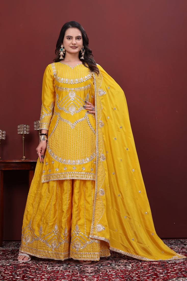 Yellow sequins embroidered chinon stitched salwar kameez