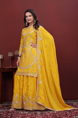 Yellow sequins embroidered chinon stitched salwar kameez 2