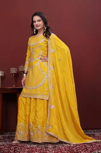 Yellow sequins embroidered chinon stitched salwar kameez