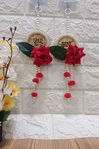 subh labh, artificial velvet flower with white beads hanging for home decoration (pack of 2)