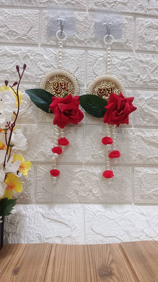 subh labh, artificial velvet flower with white beads hanging for home decoration (pack of 2)