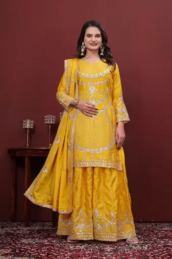 Yellow sequins embroidered chinon stitched salwar kameez