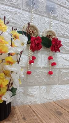 subh labh, artificial velvet flower with white beads hanging for home decoration (pack of 2) 2
