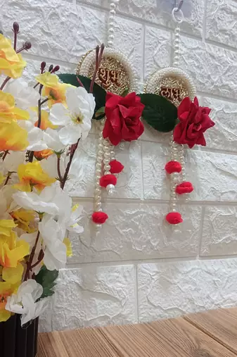 subh labh, artificial velvet flower with white beads hanging for home decoration (pack of 2)
