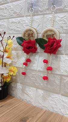 subh labh, artificial velvet flower with white beads hanging for home decoration (pack of 2) 3