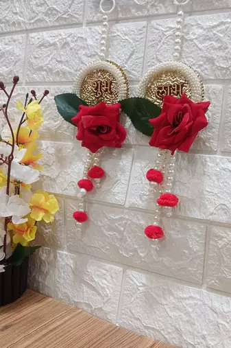 subh labh, artificial velvet flower with white beads hanging for home decoration (pack of 2)