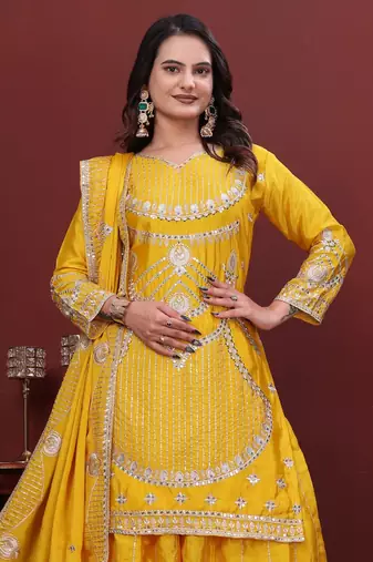 Yellow sequins embroidered chinon stitched salwar kameez