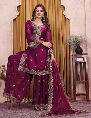 Wine sequence embroidered and boring work fendy silk stitched salwar kameez 1