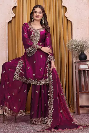 Wine sequence embroidered and boring work fendy silk stitched salwar kameez