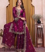 Wine sequence embroidered and boring work fendy silk stitched salwar kameez