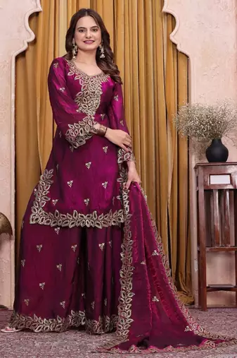 Wine sequence embroidered and boring work fendy silk stitched salwar kameez