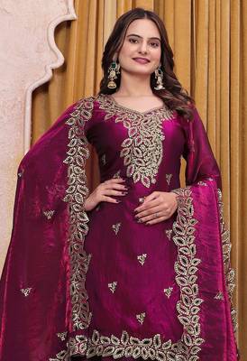 Wine sequence embroidered and boring work fendy silk stitched salwar kameez 3