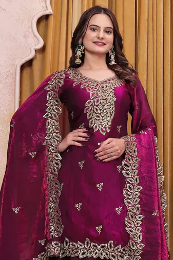 Wine sequence embroidered and boring work fendy silk stitched salwar kameez