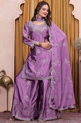 Purple sequins embroidered chinon stitched salwar kameez 1