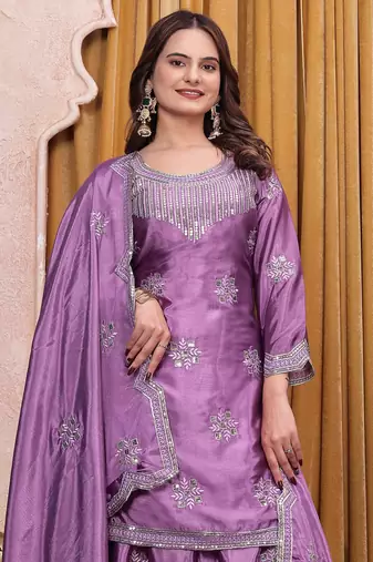 Purple sequins embroidered chinon stitched salwar kameez