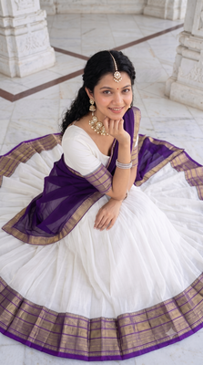 South Indian Traditional Half Saree in Off-White & Deep Violet Blue 4