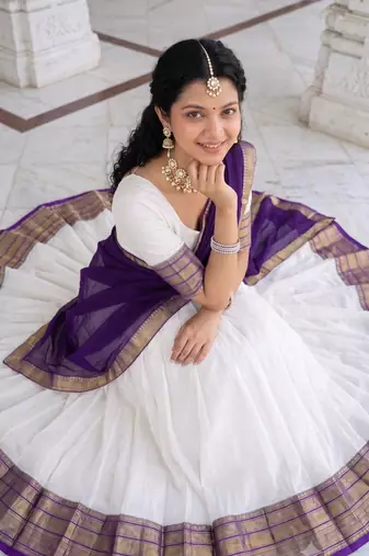 South Indian Traditional Half Saree in Off-White & Deep Violet Blue