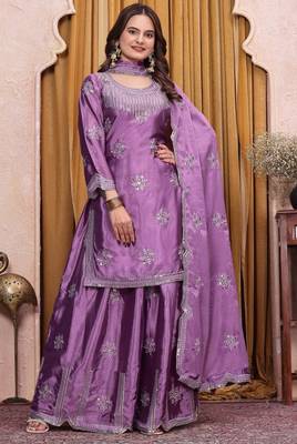 Purple sequins embroidered chinon stitched salwar kameez 3