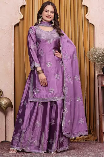 Purple sequins embroidered chinon stitched salwar kameez