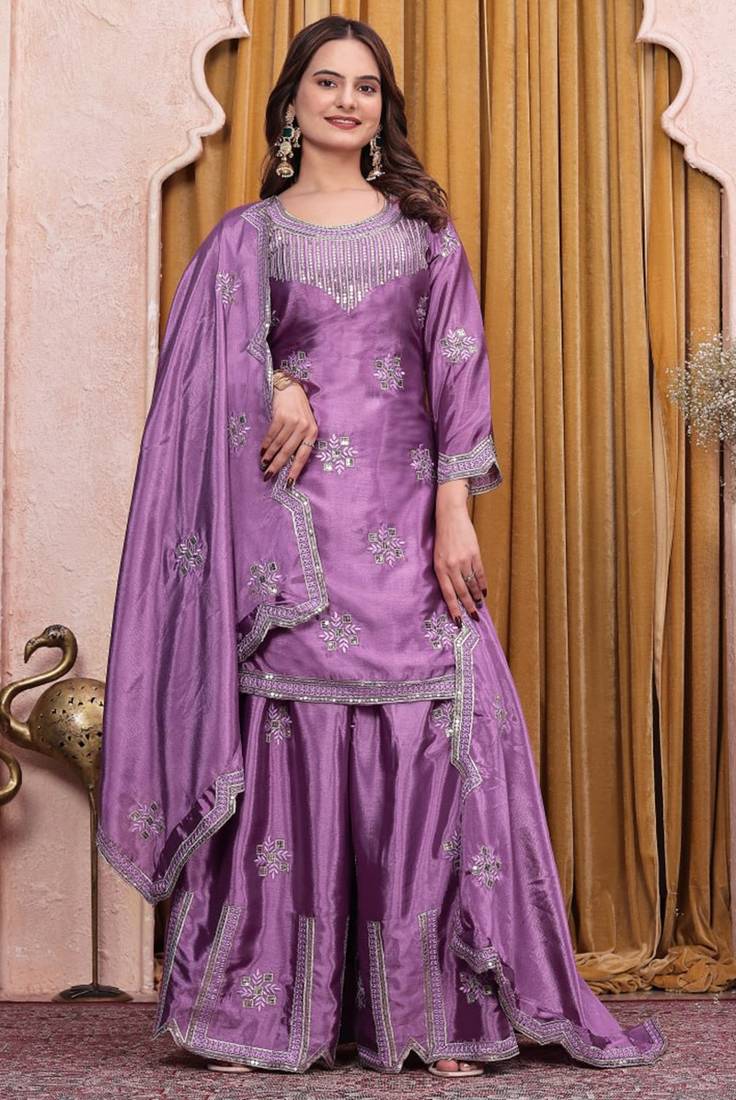 Purple sequins embroidered chinon stitched salwar kameez