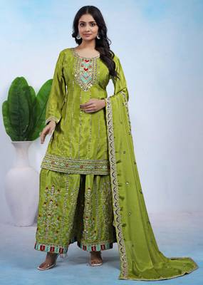 Parrot-green coding sequins embroidered chinon stitched salwar kameez 1