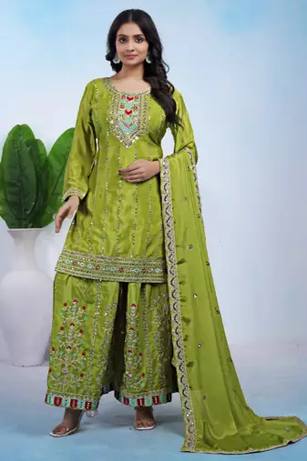 Parrot-green coding sequins embroidered chinon stitched salwar kameez