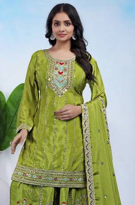 Parrot-green coding sequins embroidered chinon stitched salwar kameez 2