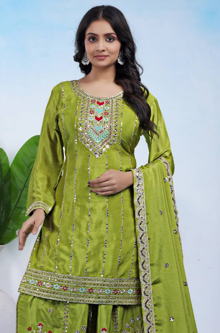 Parrot-green coding sequins embroidered chinon stitched salwar kameez
