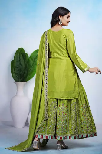 Parrot-green coding sequins embroidered chinon stitched salwar kameez