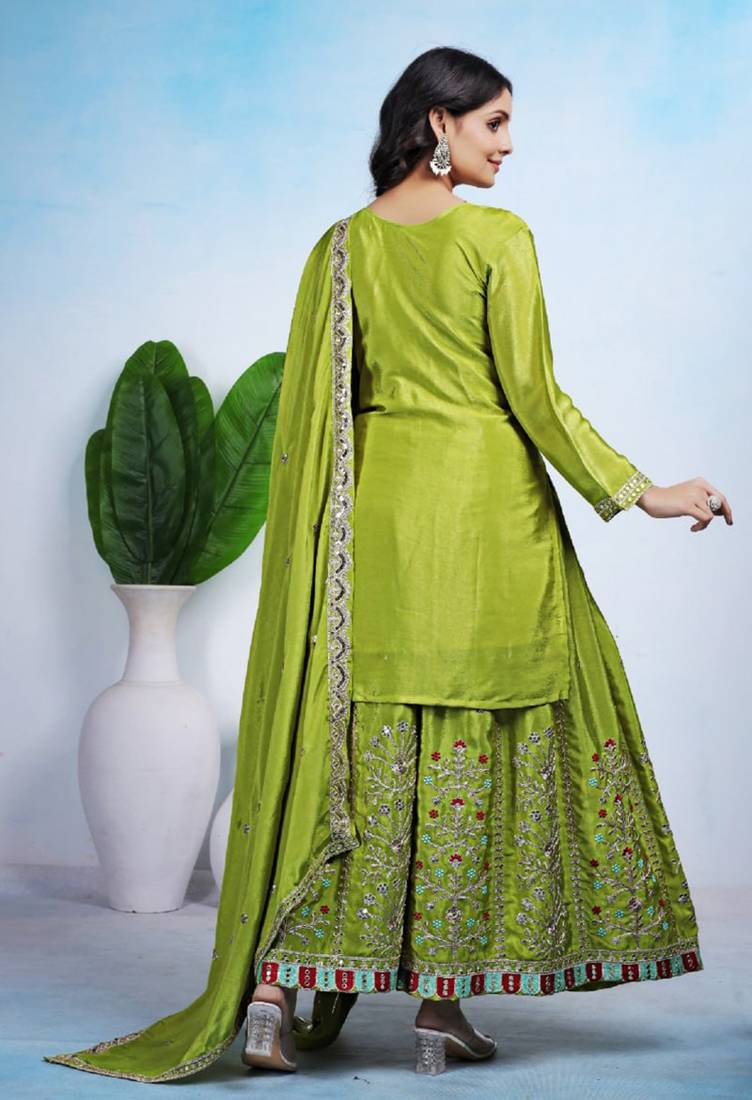Parrot-green coding sequins embroidered chinon stitched salwar kameez