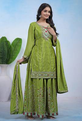 Parrot-green coding sequins embroidered chinon stitched salwar kameez 4