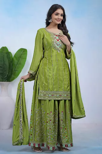 Parrot-green coding sequins embroidered chinon stitched salwar kameez