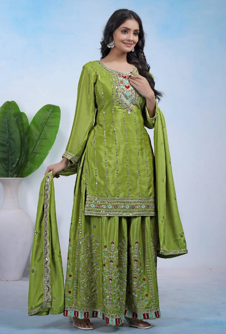 Parrot-green coding sequins embroidered chinon stitched salwar kameez
