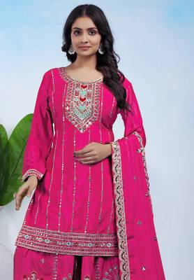 Pink coding sequins embroidered chinon stitched salwar kameez 2