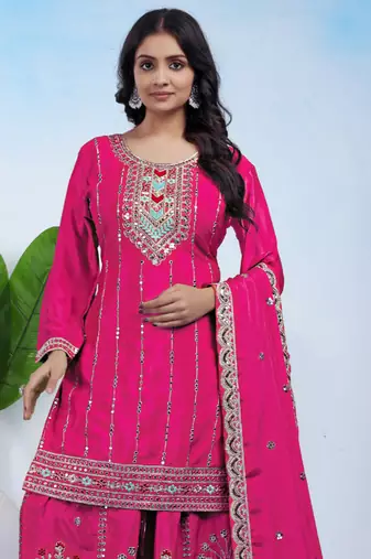 Pink coding sequins embroidered chinon stitched salwar kameez