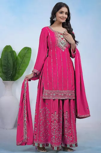 Pink coding sequins embroidered chinon stitched salwar kameez