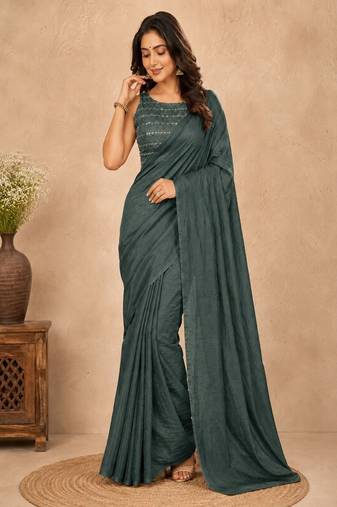 women   s turquoise designer embroidered blouse party wear & festive saree