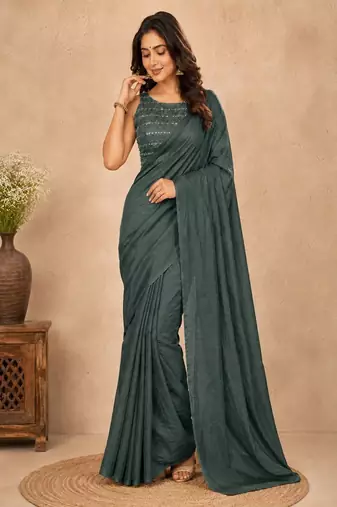 women   s turquoise designer embroidered blouse party wear & festive saree