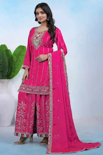 Pink coding sequins embroidered chinon stitched salwar kameez