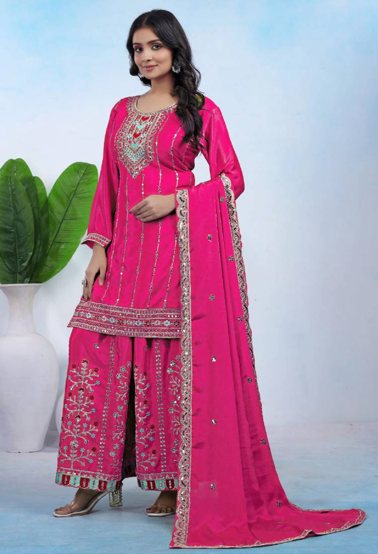 Pink coding sequins embroidered chinon stitched salwar kameez