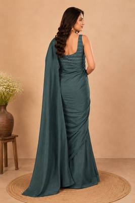 women   s turquoise designer embroidered blouse party wear & festive saree 2