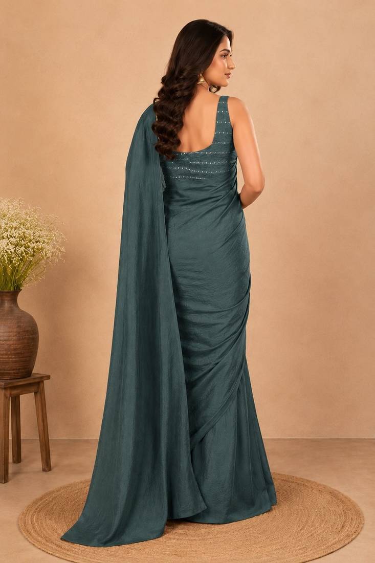 women   s turquoise designer embroidered blouse party wear & festive saree