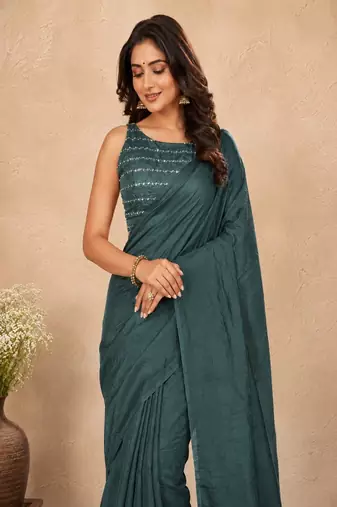 women   s turquoise designer embroidered blouse party wear & festive saree