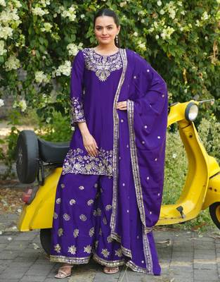 Purple sequins embroidered chinon stitched salwar kameez 1