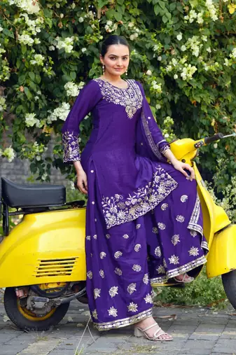 Purple sequins embroidered chinon stitched salwar kameez