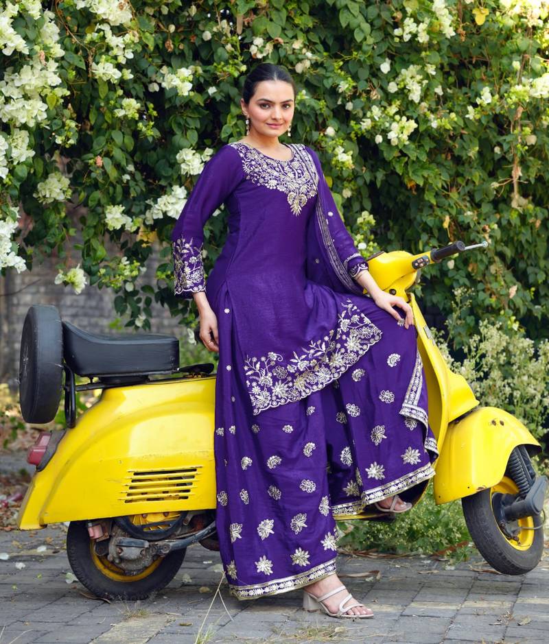 Purple sequins embroidered chinon stitched salwar kameez