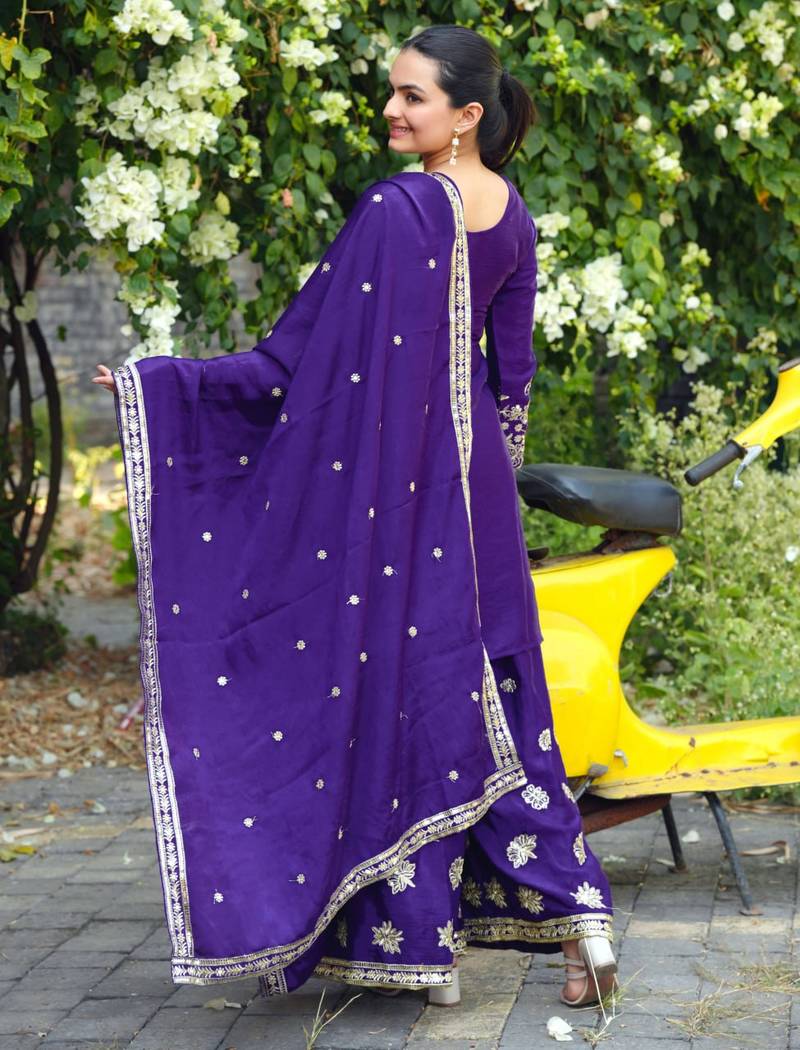 Purple sequins embroidered chinon stitched salwar kameez