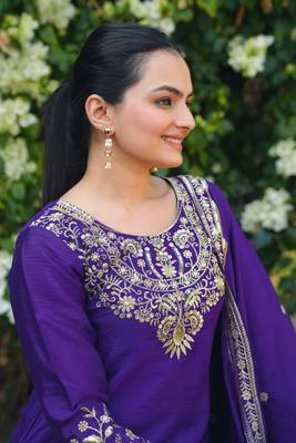 Purple sequins embroidered chinon stitched salwar kameez 4