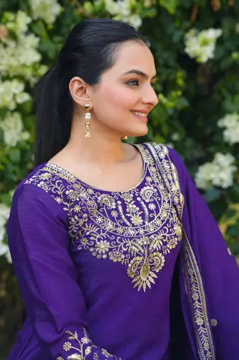 Purple sequins embroidered chinon stitched salwar kameez